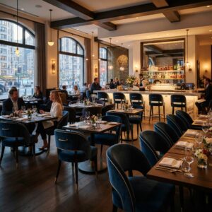 Stylish Royal Dining Chairs with curved backs and brass ferrules defining the seating area in a chic, modern hotel restaurant