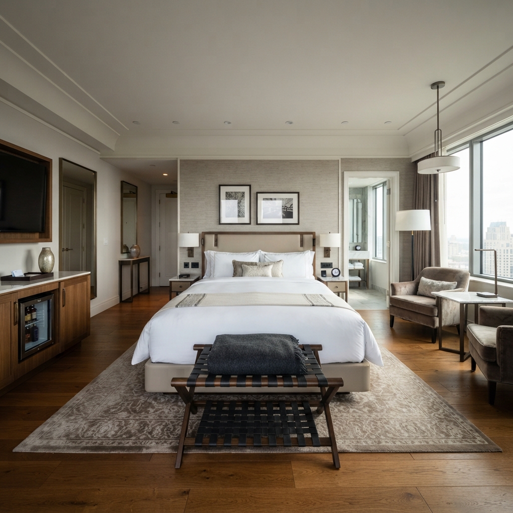 Luxury hotel furniture featuring a wood and leather baggage stand placed at the foot of a bed in a modern suite
