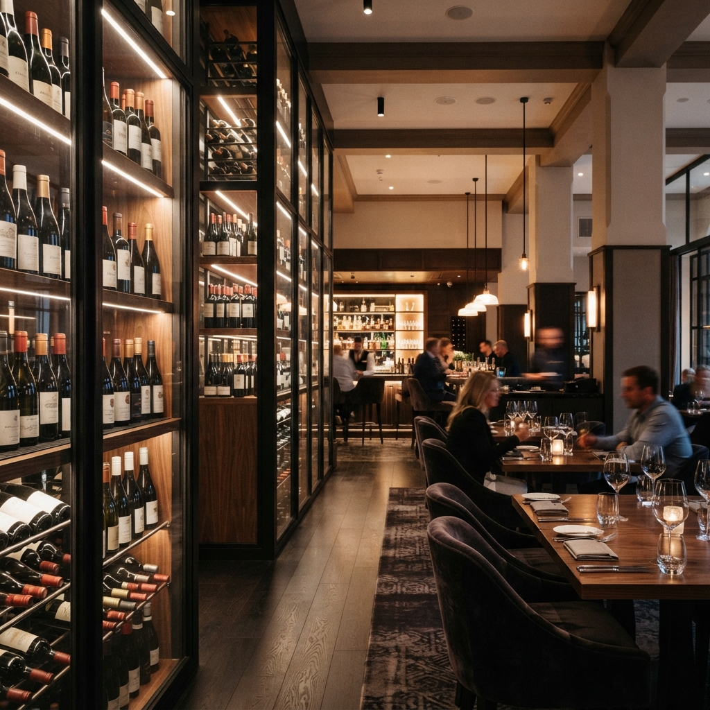 Luxury hotel bar with illuminated floor-to-ceiling glass wine racks and patrons dining