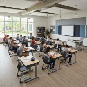 Wood top fixed school desks with integrated mesh storage in bright modern K-12 classroom
