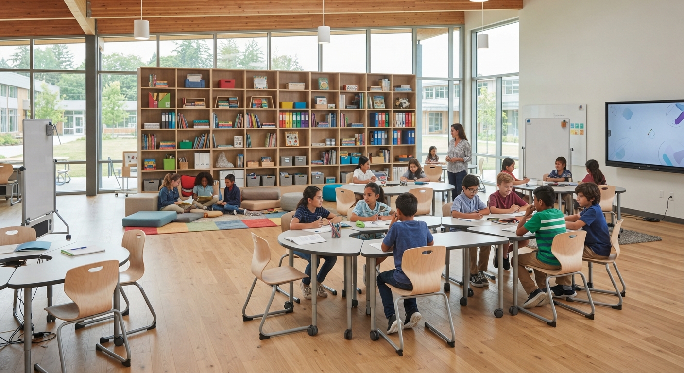 Modern school library featuring large wooden open bookshelves, a carpeted reading corner, and modular student desks with ergonomic chairs