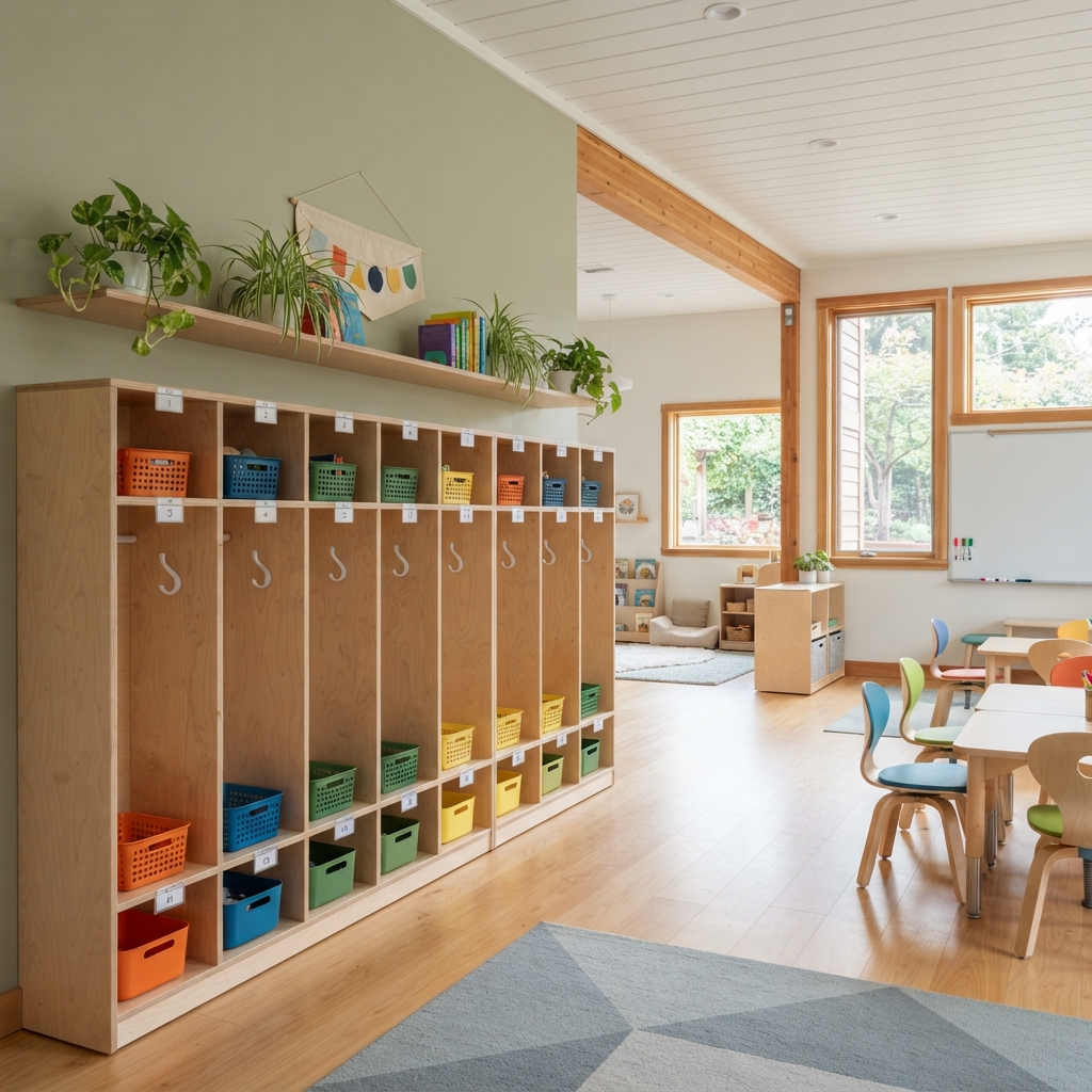 Modern wooden school cubbies with multi-tier storage compartments and colorful bins for kindergarten classrooms
